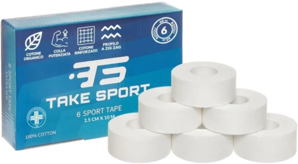 ® Strap sport 2,5 cm x 10 m – 6 rouleaux, sparadrap sportif fin en coton non élastique, bande adhésive pour doigts et petites articulations, strapping boxe crossfit volley football 6 Coton Tape