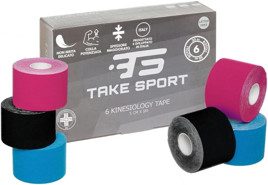 ® Kinesiology Tape 5 cm x 5 m – Pack de 6 rouleaux couleurs assorties, kinesio tape élastique en coton et élasthanne, bande kinésiologie adhésive, sportif physiothérapie récupération 6 Mix
