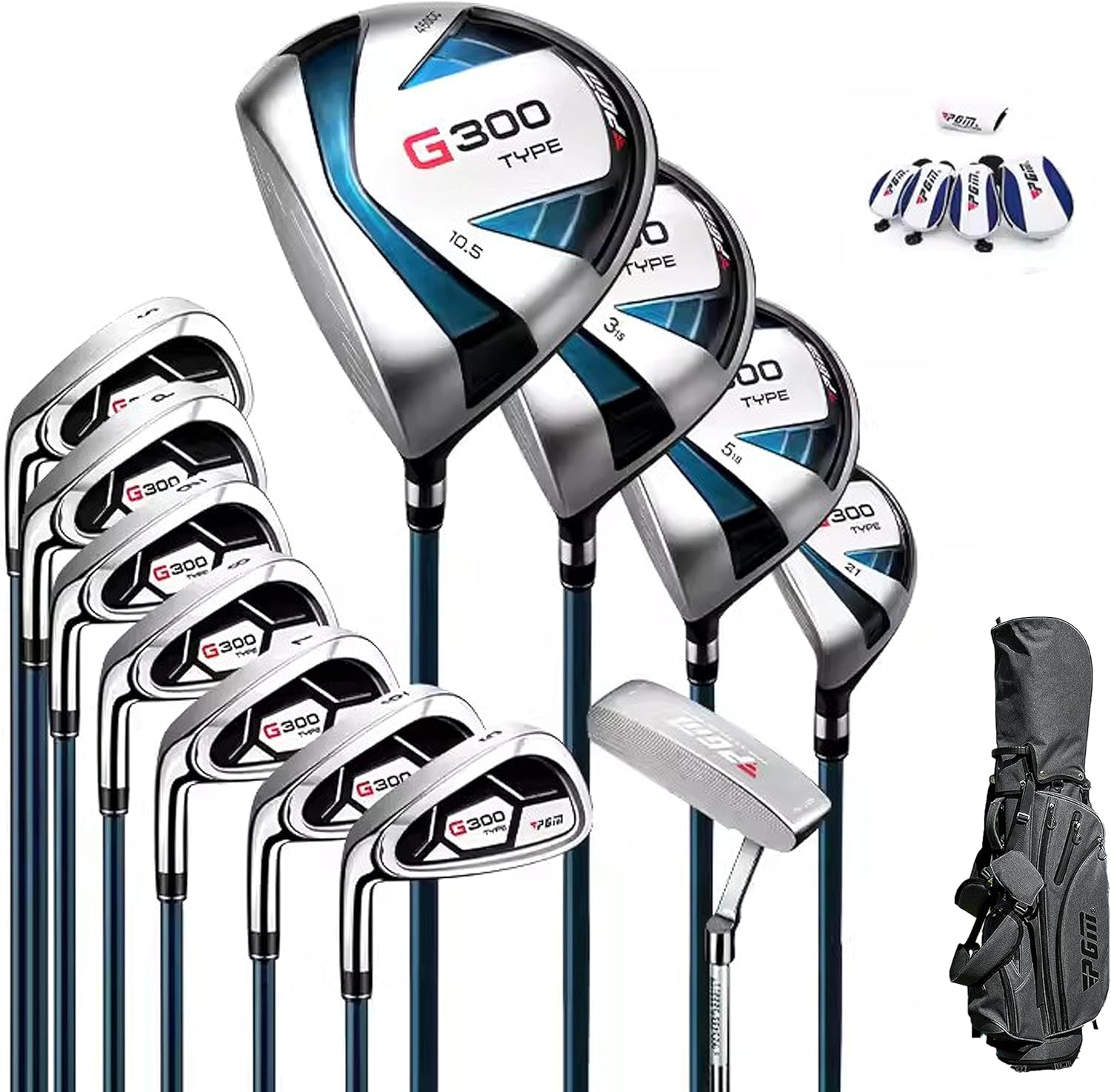 PGM Ensemble complet de clubs de golf pour homme gaucher – 12 pièces – 3 bois (#1,3,5), 1 hybride (#4H), 6 fers (#5,6,7,8,9,PW), 1 cale de sable (55°), 1 putter – Sac de golf