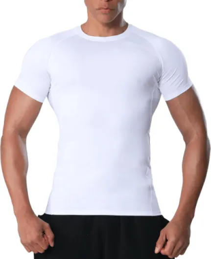 Maillot De Compression Homme à Manches Courtes T-Shirt Sport Maille Aisselles Respirant Et Séchage Rapide pour Fitness Musculation Running Basketball Football Blanc M