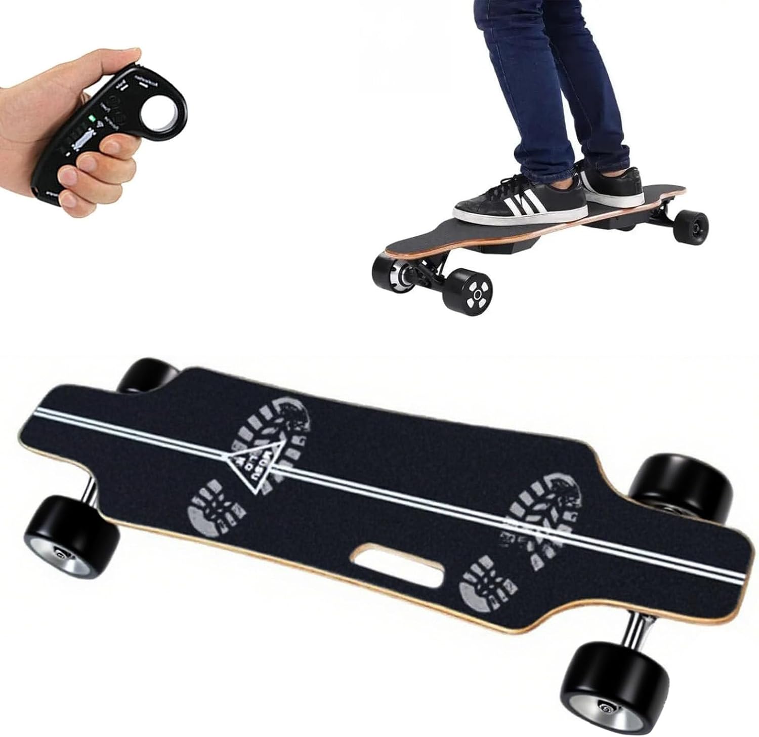 Planche Électrique Noire - Autonomie de 15km, Vitesse Max de 25km/h, Moteurs Hub de 350W, Télécommande à 4 Vitesses, Capacité de 90kg, Poignée de Transport pour Adultes et Adolescents Débutants