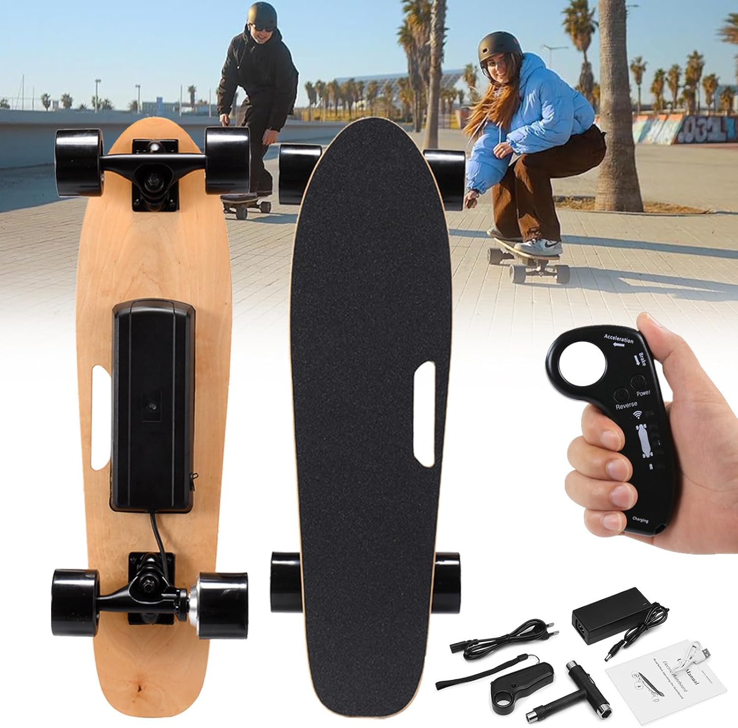 Skate Électrique avec Plateaux de Skateboard, Moteur 350W, Batterie 2000mAh, Vitesse Max 22km/h, Autonomie 8km, Léger pour Commutes Quotidiennes
