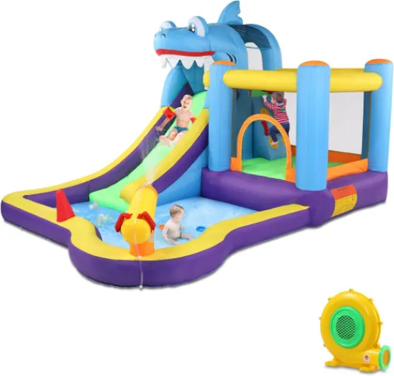 Château Gonflable, Parc Aquatique Gonflable Thème Requin avec Trampoline, Toboggan, Piscine, Pistolet à Eau, Adapté pour 3 Enfants de 3 à 10 Ans, avec Souffleur, 380x260x240 cm