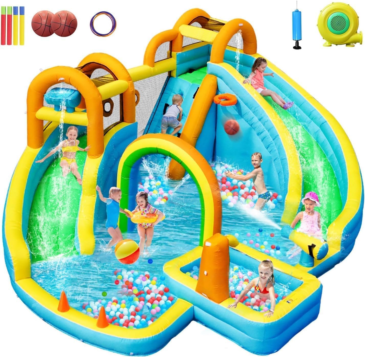 Chateau Gonflable avec Toboggan Double, Aire de Jeux Gonflable pour Enfants, Parc Aquatique Gonflable avec Piscine d'Éclaboussures, pour Le Jardin, en Extérieur et en Intérieur