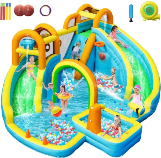 Chateau Gonflable avec Toboggan Double, Aire de Jeux Gonflable pour Enfants, Parc Aquatique Gonflable avec Piscine d'Éclaboussures, pour Le Jardin, en Extérieur et en Intérieur