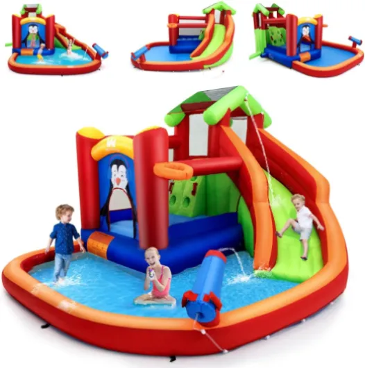 Château Gonflable avec Toboggan Aquatique & Maison de Saut, Aire de Jeux Gonflable avec Piscine & Motif de Pingouin, Canon à Eau & Panier, Charge 135kg pour 3 Enfants de 3 à 10 Ans