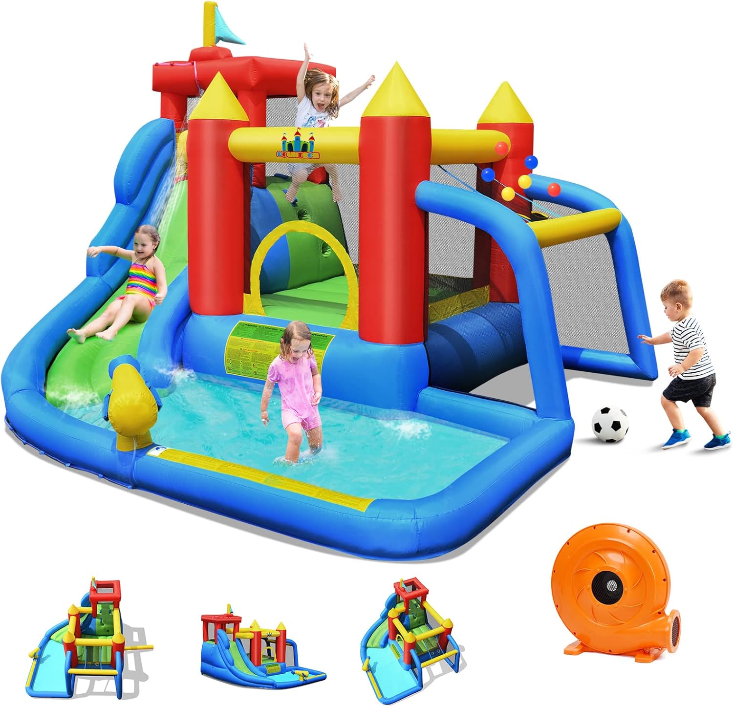 7 en 1 Château Gonflable pour 4 Enfants de 3 à 10 Ans avec Toboggan Aquatique et Aire de Saut, Mur d'escalade,Bassin,Canon,Lancer De Balles,Accessoires Munis (Pompe air de 450W Incluse)