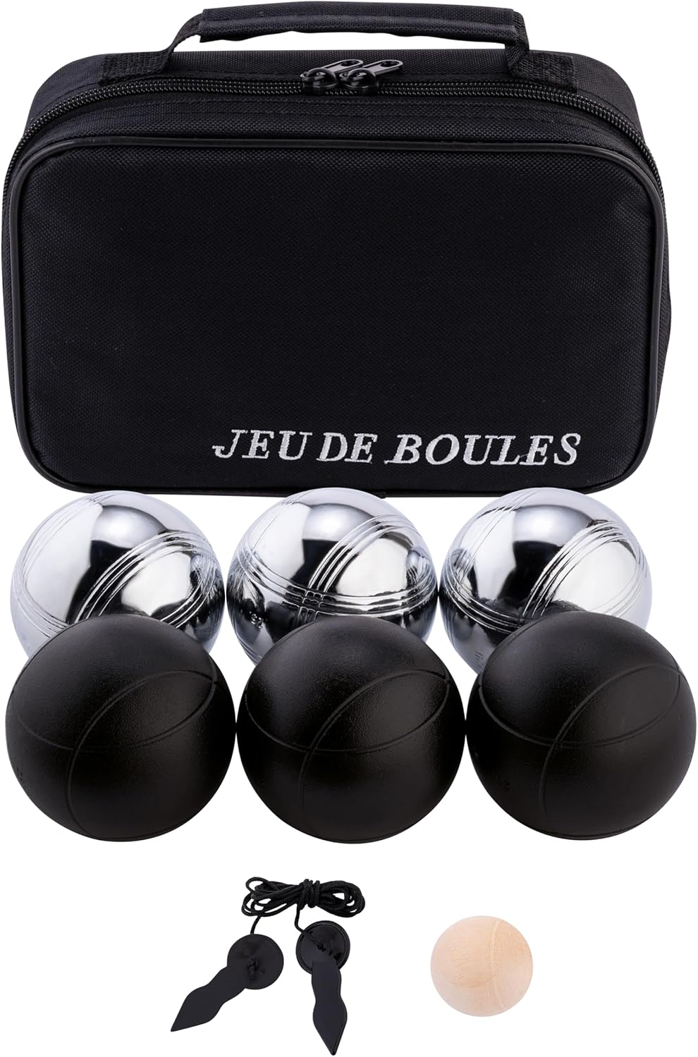 010207 - Jeu de Boules 2 x 3 Noires et Grises - 74 mm - Triplette - Jeu de Petanque - 6 Boules de Pétanque, Sac en Nylon, Cordon de Mesure, cochonnet - 2 Joueurs - Dès 6 Ans