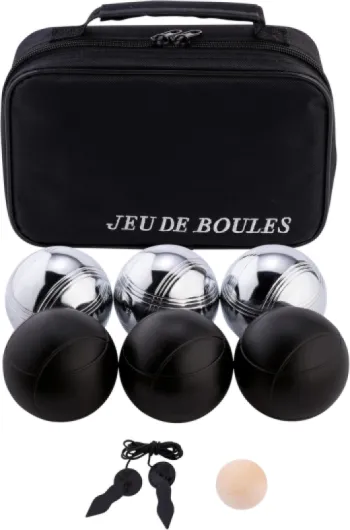 010207 - Jeu de Boules 2 x 3 Noires et Grises - 74 mm - Triplette - Jeu de Petanque - 6 Boules de Pétanque, Sac en Nylon, Cordon de Mesure, cochonnet - 2 Joueurs - Dès 6 Ans