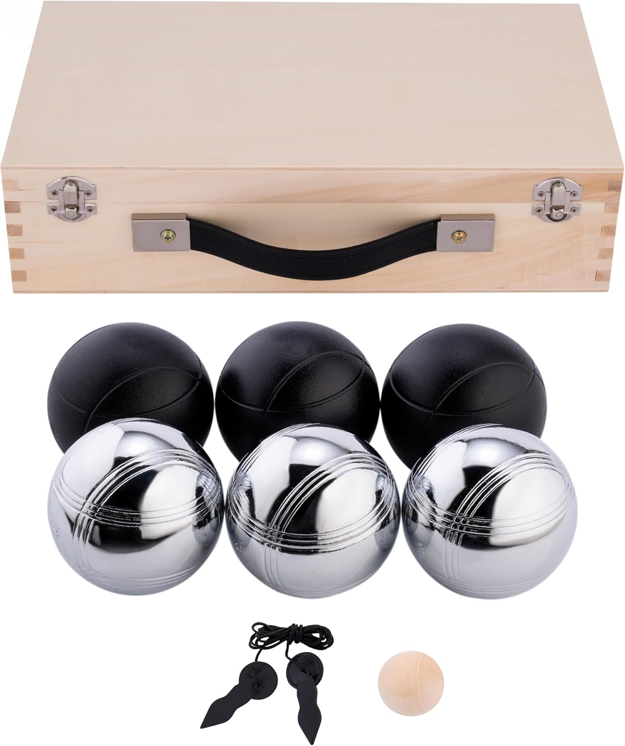 010208 - Set Luxusbälle in Einer Holzkiste - Boules-Set, 6-Teilig, Schwarz/Silber - 720 GR