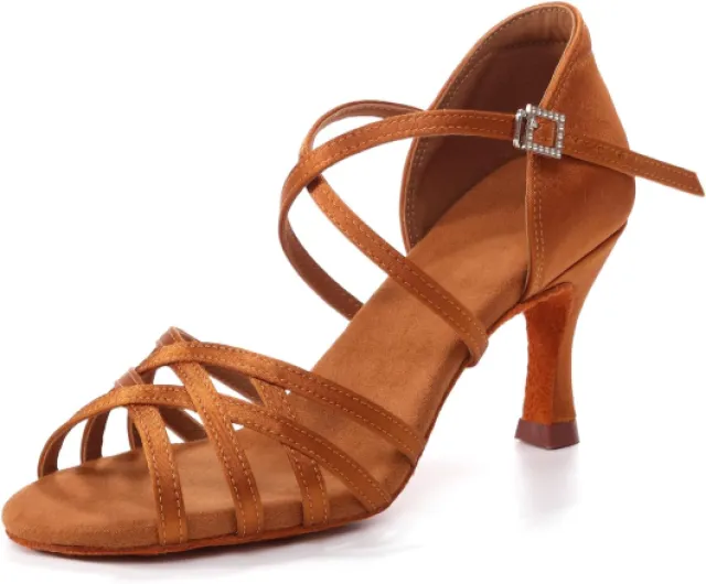 Chaussures Danse Latine Femme Satin Performance Salsa Bachata Chaussures de Danse de Salon Professional Talon 7 cm Marron 38 EU