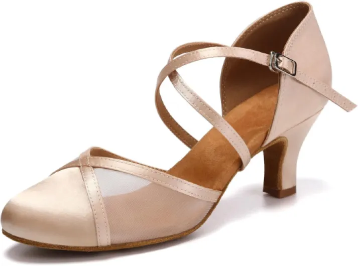 Chaussures de Danse de Salon d'entraînement à Bout Fermé Satin Petit Talon Chaussures de Danse Salsa Latine pour Femmes 36 EU Beige