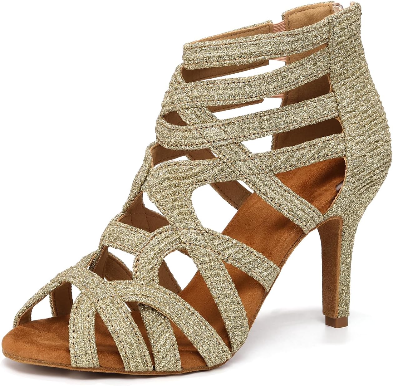 Bottines de Danse Femme Chaussures de Danse Latine Chaussure Fete Prom Bout Ouvert Talon Haut Bottes de Salon Or 37.5 EU