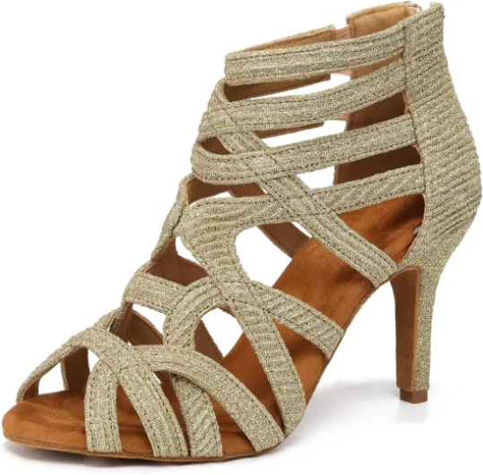 Bottines de Danse Femme Chaussures de Danse Latine Chaussure Fete Prom Bout Ouvert Talon Haut Bottes de Salon Or 37.5 EU