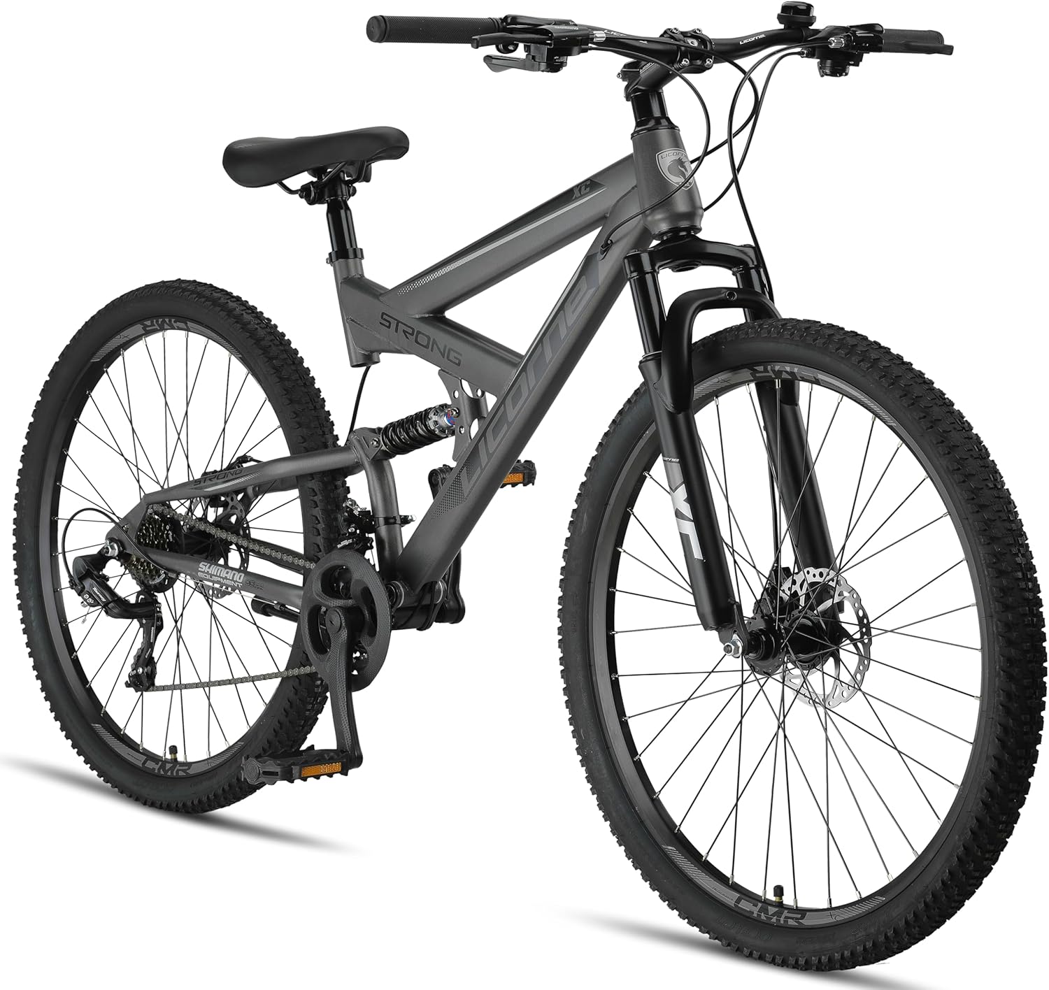 Licorne Bike Strong 2D Premium Mountain Bike 26, 27,5 et 29 pouces pour garçons, filles et hommes, frein à disque avant et arrière, boîte de vitesses 21 vitesses, suspension complète Gris anthracite 73,6 cm