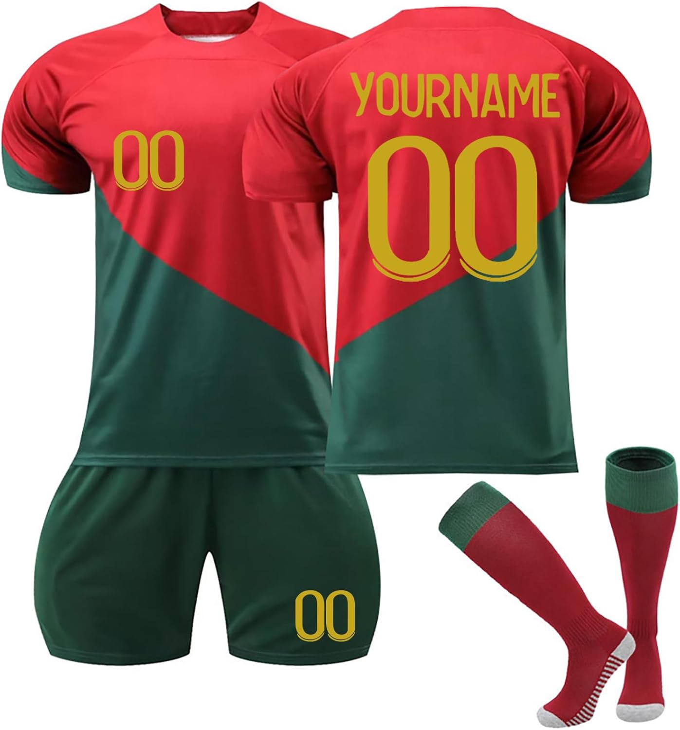 Maillot de Football Portugal 24/25/26 Personnalisé avec Nom Nombre pour Garçon Et Homme, Ensemble de Foot Entraînement T-Shirt Short et Chaussettes Portugal 6 Taille unique