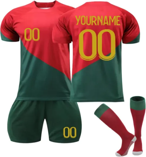 Maillot de Football Portugal 24/25/26 Personnalisé avec Nom Nombre pour Garçon Et Homme, Ensemble de Foot Entraînement T-Shirt Short et Chaussettes Portugal 6 Taille unique