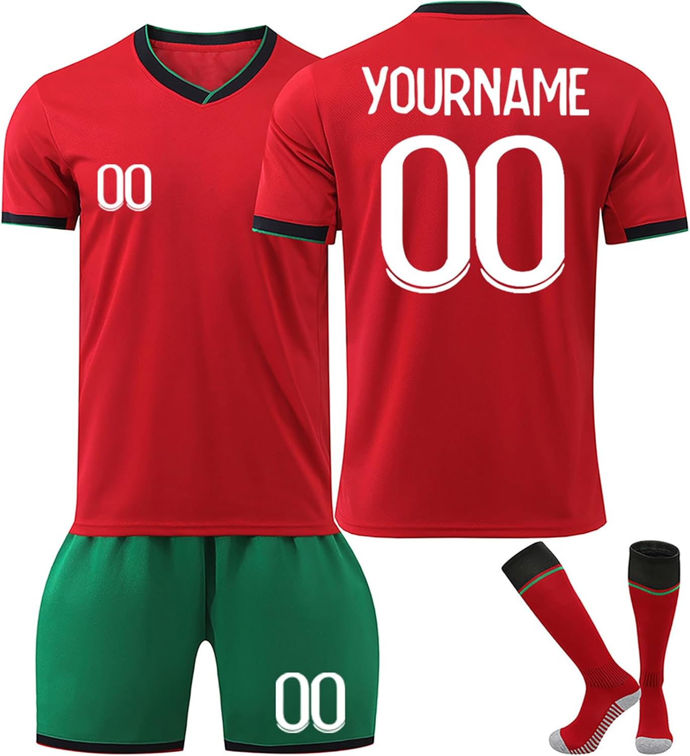 Maillot de Football Portugal Personnalisé avec Nom Nombre pour Garçon Et Homme, Ensemble de Football Entraînement T-Shirt Short et Chaussettes Portugal 5 Taille unique