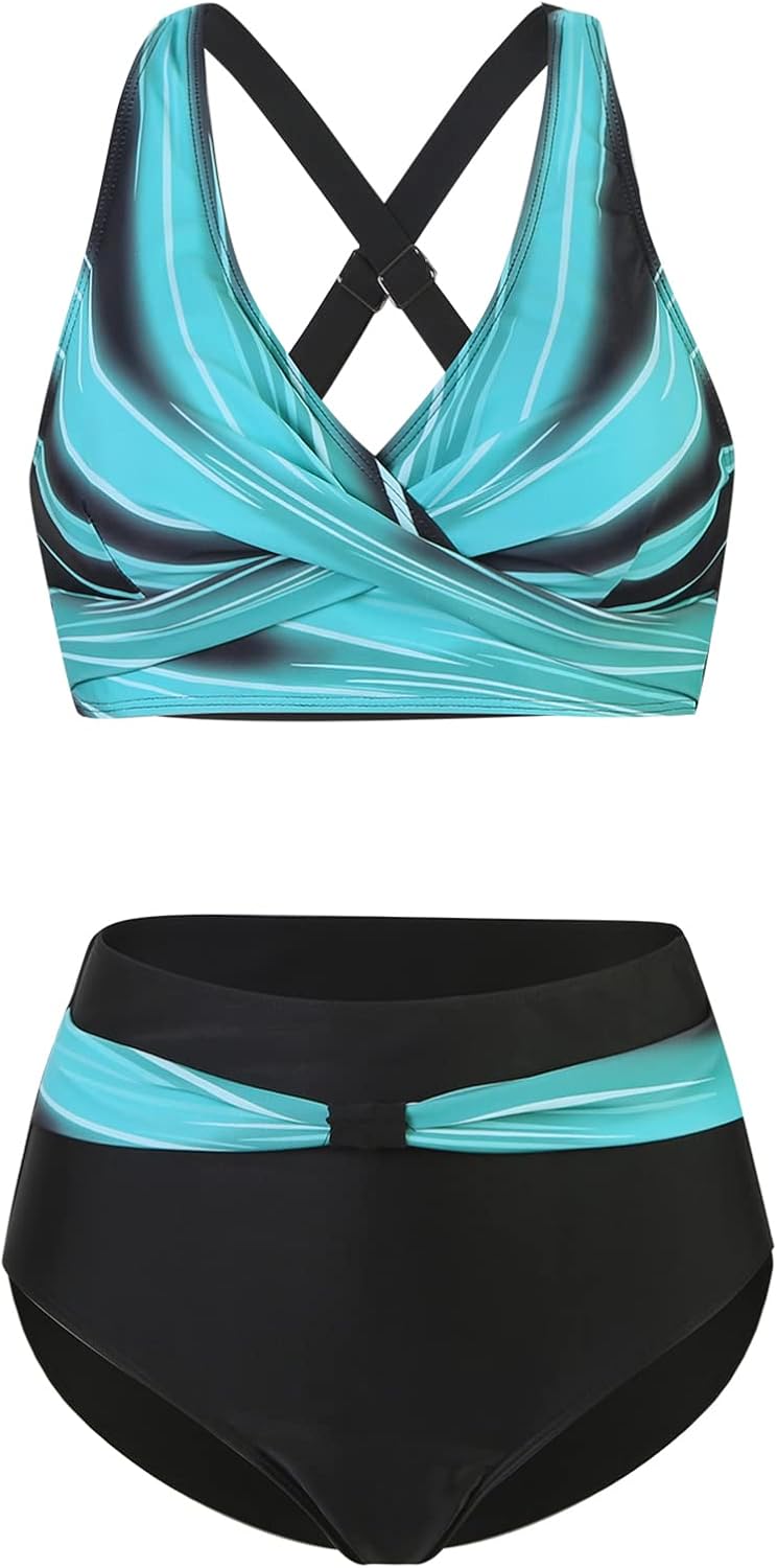 Adigaber Femme Maillots de Bain Deux Pièces Push-up Ensembles Deux pièces de Tie-Dye Chic Taille Haute Bikini Set Col V Élégant XXL Bandes Bleues
