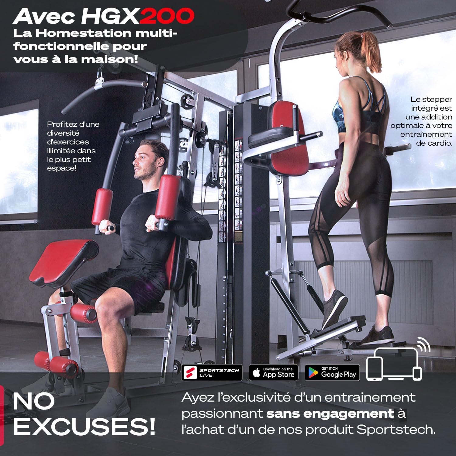 HGX100/HGX200/HGX300 - Appareil de Musculation Premium Complet, Station de Musculation avec Stepper ou Presse à Jambes, Banc de Musculation, Home Gym, Matériau EVA, Entraînements Variés Extra large HGX200