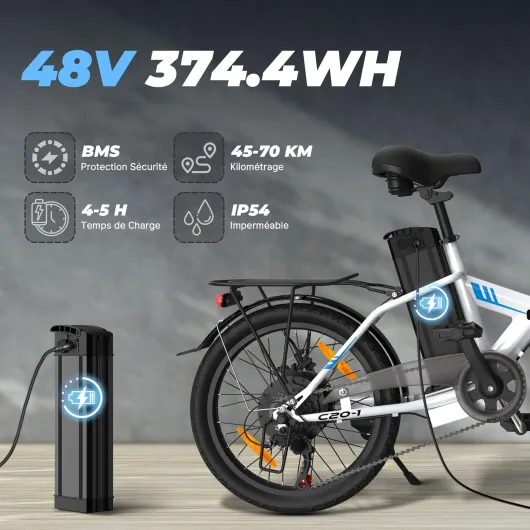 Vélo Électrique Pliable, 20"/14" Velo Eletrique avec 3 Modes de Conduite, Pédalage Assisté, 7 Vitesses, Ville E-Bike Homme Femme avec Batterie Amovible 48V/36V, 250W 55NM Moteur, Conformité EU Blanc 20"- 48V 374.4 Wh