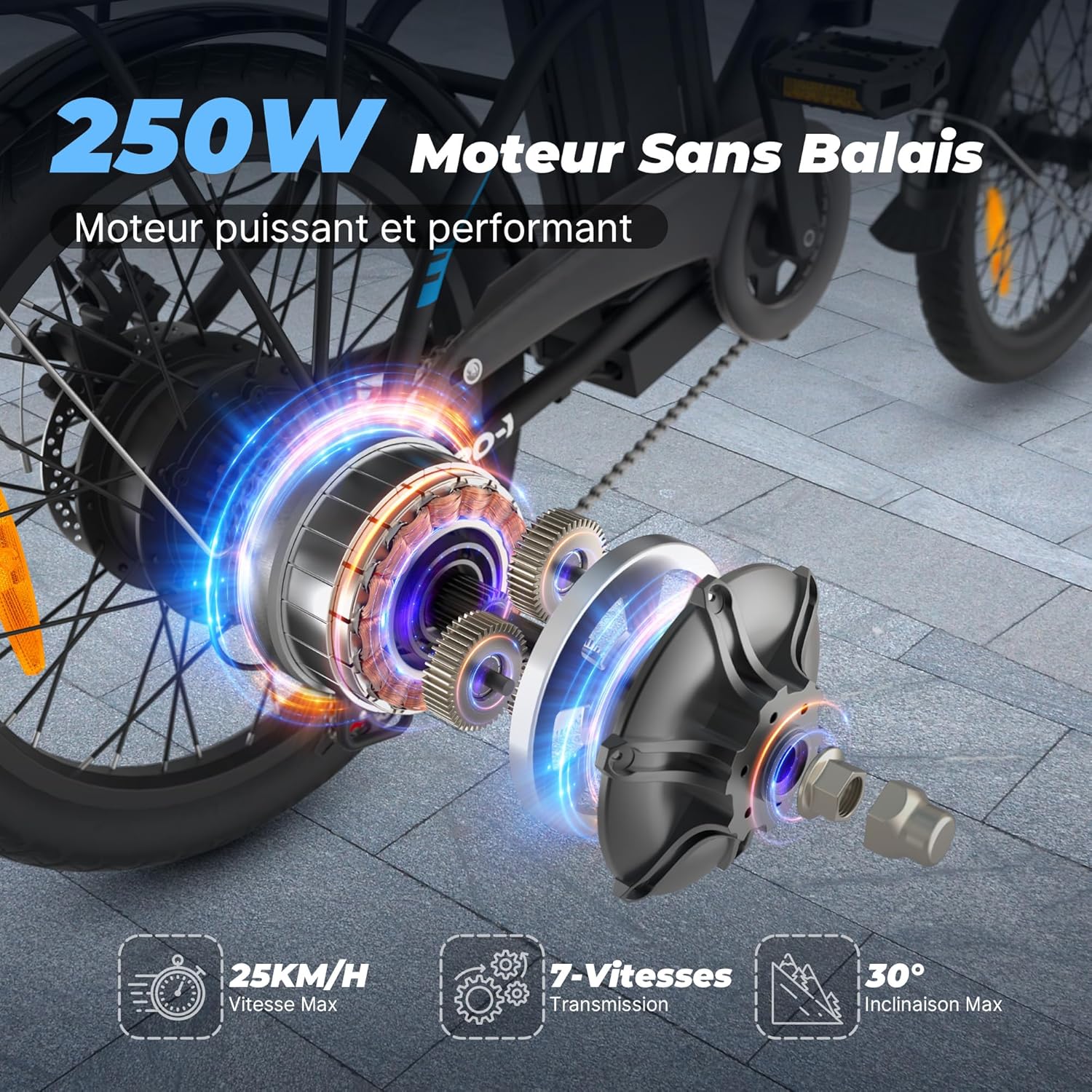 Vélo Électrique Pliable, 20"/14" Velo Eletrique avec 3 Modes de Conduite, Pédalage Assisté, 7 Vitesses, Ville E-Bike Homme Femme avec Batterie Amovible 48V/36V, 250W 55NM Moteur, Conformité EU Noir 20"- 48V 374.4 Wh