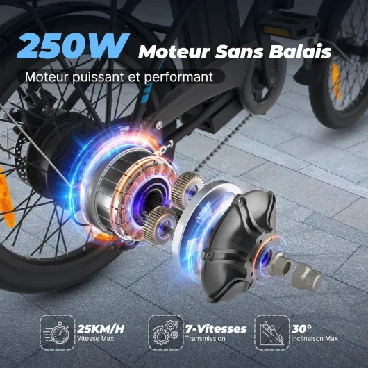 Vélo Électrique Pliable, 20"/14" Velo Eletrique avec 3 Modes de Conduite, Pédalage Assisté, 7 Vitesses, Ville E-Bike Homme Femme avec Batterie Amovible 48V/36V, 250W 55NM Moteur, Conformité EU Noir 20"- 48V 374.4 Wh