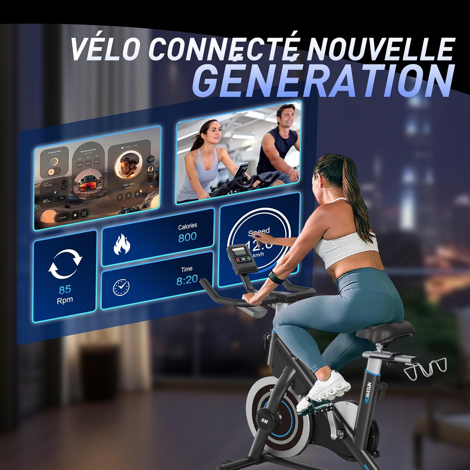 Vélo d'Appartement, DMASUN Vélo d'Exercice Magnétique Silencieux avec Écran LCD, Résistance Réglable de 0 à 100%, Volant d'inertie Solide, Siège Moelleux et Confortable, Capacité de Charge 160 kg APP Connectée Noir et Bleu