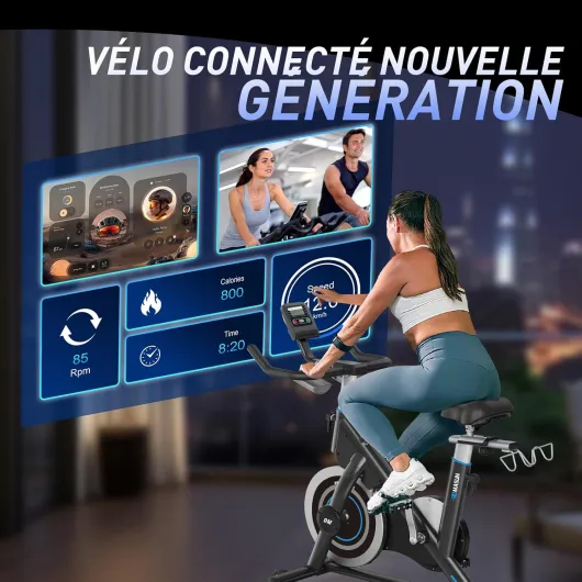 Vélo d'Appartement, DMASUN Vélo d'Exercice Magnétique Silencieux avec Écran LCD, Résistance Réglable de 0 à 100%, Volant d'inertie Solide, Siège Moelleux et Confortable, Capacité de Charge 160 kg APP Connectée Noir et Bleu
