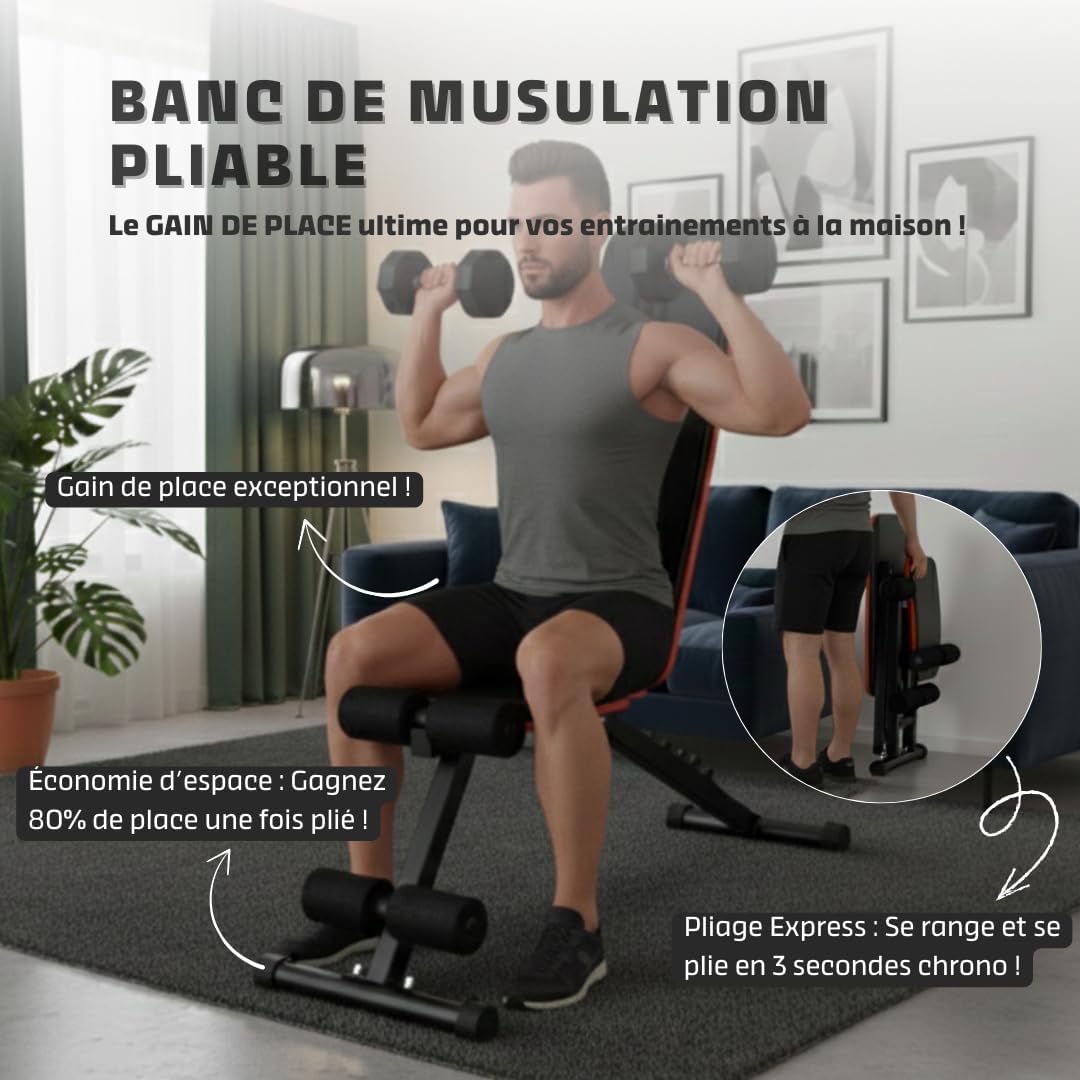 Banc de Musculation Pliable - Réglages Multiples 8 Positions - Développé Couché Inclinable Déclinable - Appareil Maison Compact - Chaise avec Dossier Confort – Support 300 kg - Entreprise Française