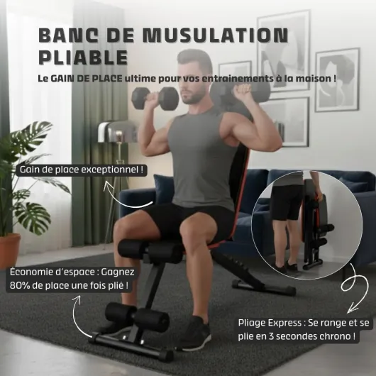 Banc de Musculation Pliable - Réglages Multiples 8 Positions - Développé Couché Inclinable Déclinable - Appareil Maison Compact - Chaise avec Dossier Confort – Support 300 kg - Entreprise Française