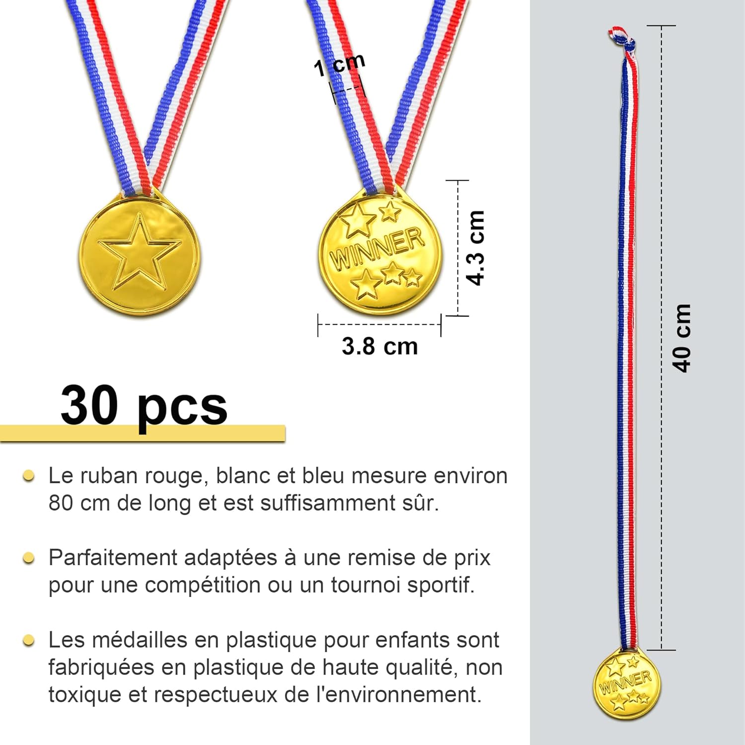 Medaille pour Enfant, 30 Pcs Médailles d'or Gagnant Médailles en Plastique avec Collier pour Compétition Récompenses Thème Sport Day ou Jeux Olympiques Enfant Événement de l'école