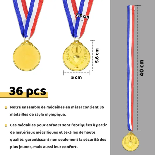 Médailles Adultes et Enfants, 36 Pcs Médailles de Récompense en Métal doré avec Ruban pour Compétition Récompenses Thème Sport Day ou Compétition Familiale Medaille Enfant Événement de l'école