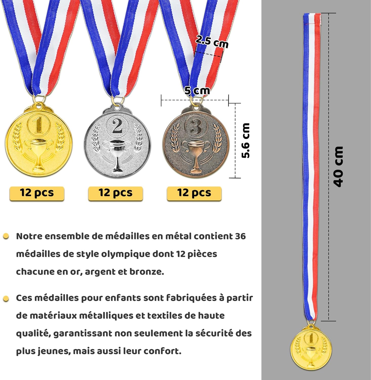 36 pcs Medailles d'or Médaille d'argent Médaille de Bronze en Métal avec Rubans de Cou Medaille Foot Anniversaire Ski Travail Sport pour Recompense Sport Day Diamètre env - 5 cm