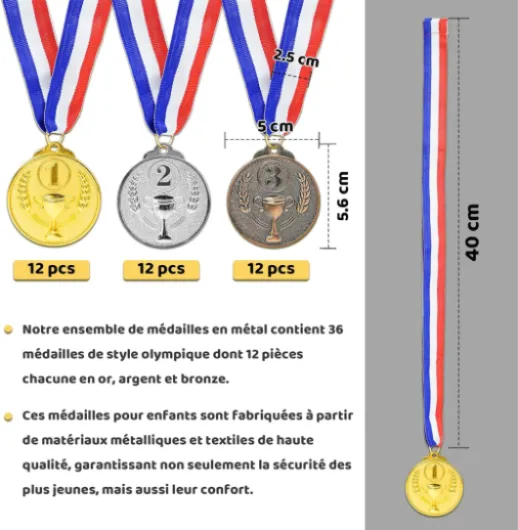 36 pcs Medailles d'or Médaille d'argent Médaille de Bronze en Métal avec Rubans de Cou Medaille Foot Anniversaire Ski Travail Sport pour Recompense Sport Day Diamètre env - 5 cm