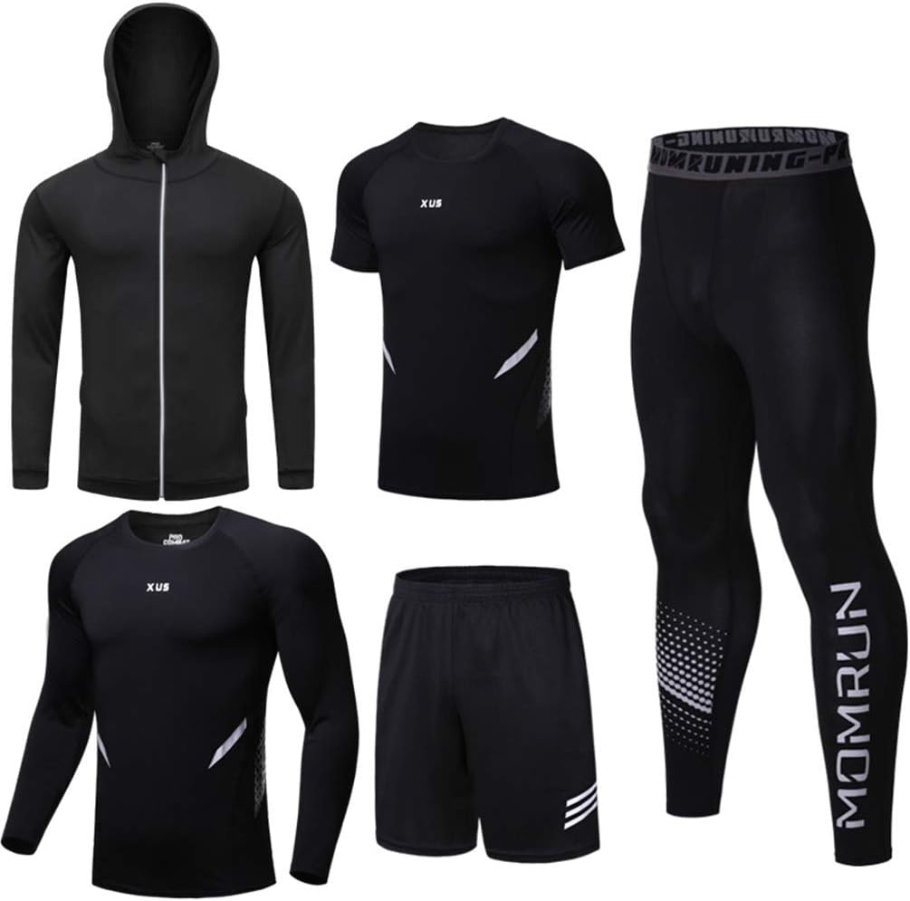 5 Pièces Ensemble Compression Homme Tenue Sport Fitness Vêtement de Sport avec Hoodies Vestes Shirt Compression Legging Collant Sport Short Running Jogging Cyclisme L Style N ° 16