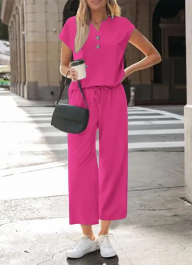 Survêtement Femme 2 pièces Ensemble Jogging Femme Tenue Sport Haut Col V et Pantalon à Jambes Larges Ensemble Femmes Chic et Elegant Vacance Décontracté Sportswear Été L Rose