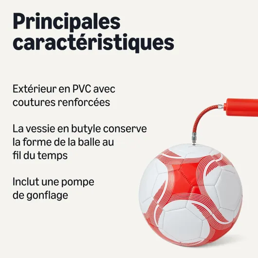 Ballon de Football avec Pompe - Ballon d'entraînement, Construction PVC Durable, Vessie en Butyle, Utilisation Intérieure/Extérieure, Ballon d'exercice Cousu Machine, Blanc et Rouge Taille 3, 1 ballon Paquet de 1