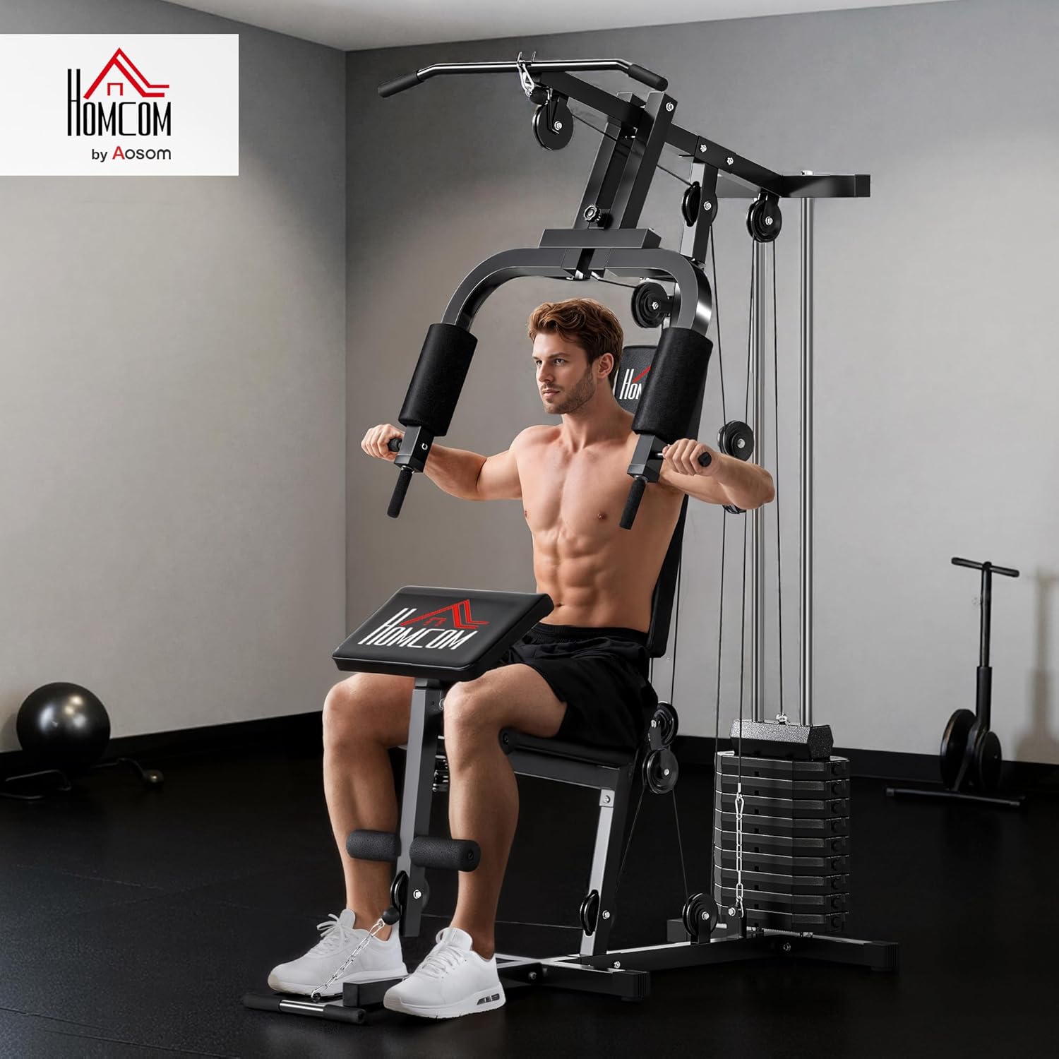 Station de Musculation Fitness - Collaboration Aosom.FR x FFHandball - avec 12 Blocs de Poids de 5,5 kg entraînement Complet - 135 x 103 x 210 cm Noir