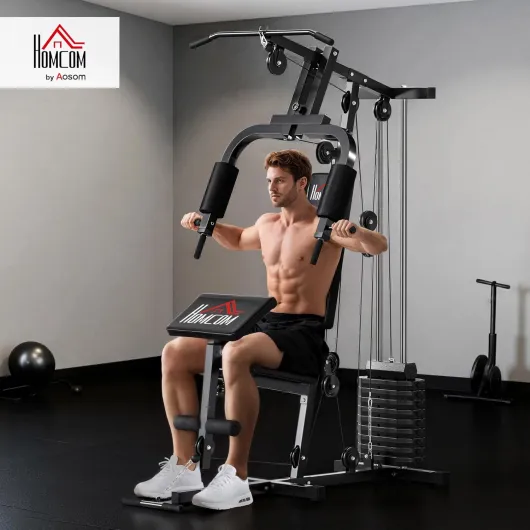 Station de Musculation Fitness - Collaboration Aosom.FR x FFHandball - avec 12 Blocs de Poids de 5,5 kg entraînement Complet - 135 x 103 x 210 cm Noir