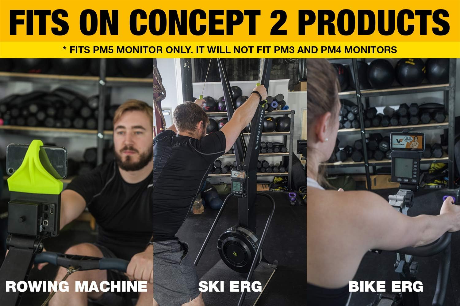 Support de téléphone fabriqué pour Les moniteurs PM5 de rameur, SkiErg et BikeErg - Silicone Fitness Products Jaune