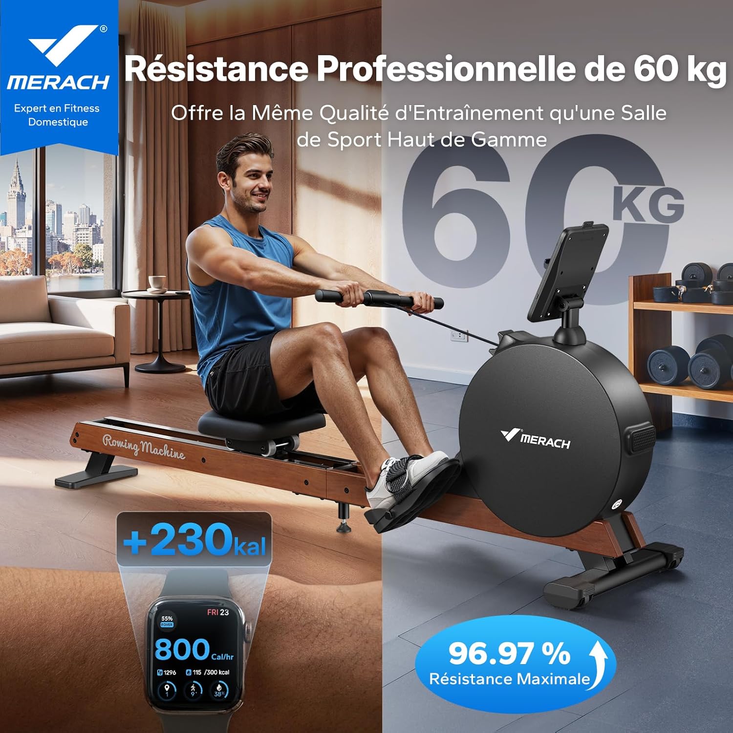 Rameur Musculation D'appartement, Auto-générateur, résistance magnétique maximale améliorée de 60 kg, réglage Automatique de la résistance, Doubles Rails en Bois, Affichage LED, Professionnel