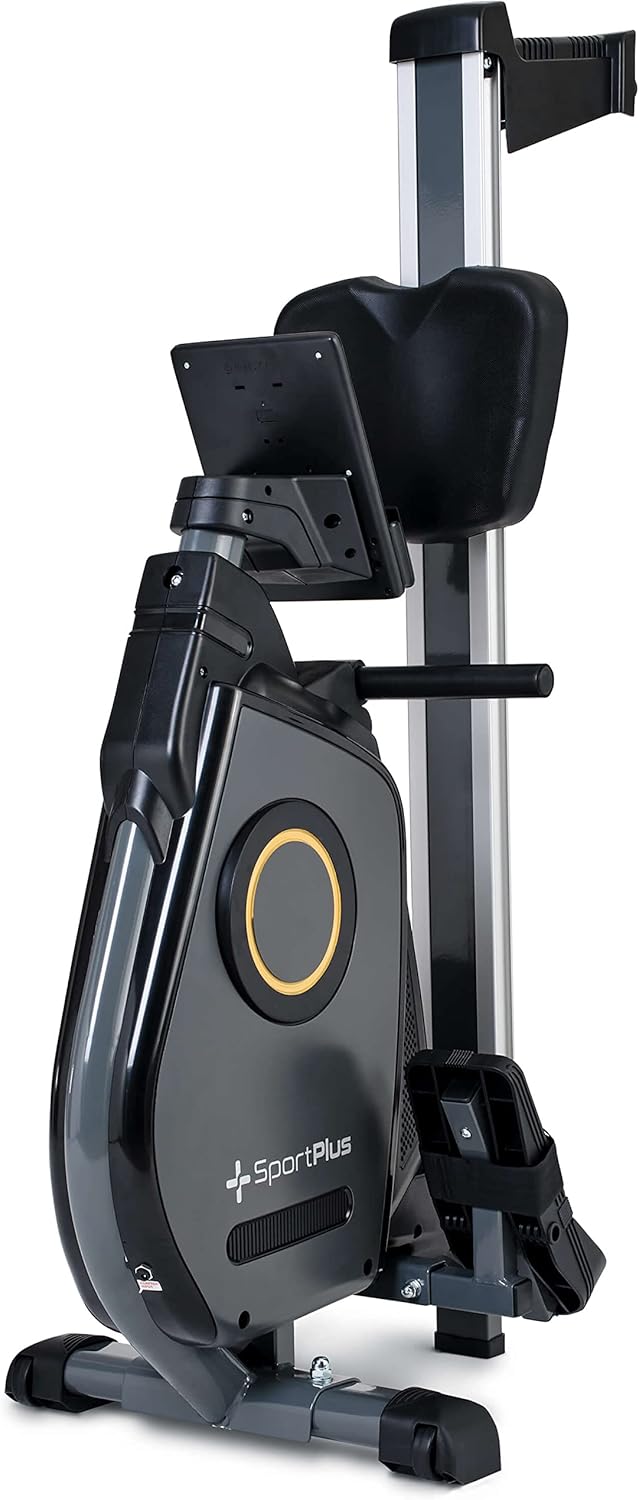 Rameur d'appartement, rameur Fitness Pliable avec Commande par appli et Frein magnétique de 24 Niveaux avec Masse d'inertie de 8 kg Black/Sun (New design)