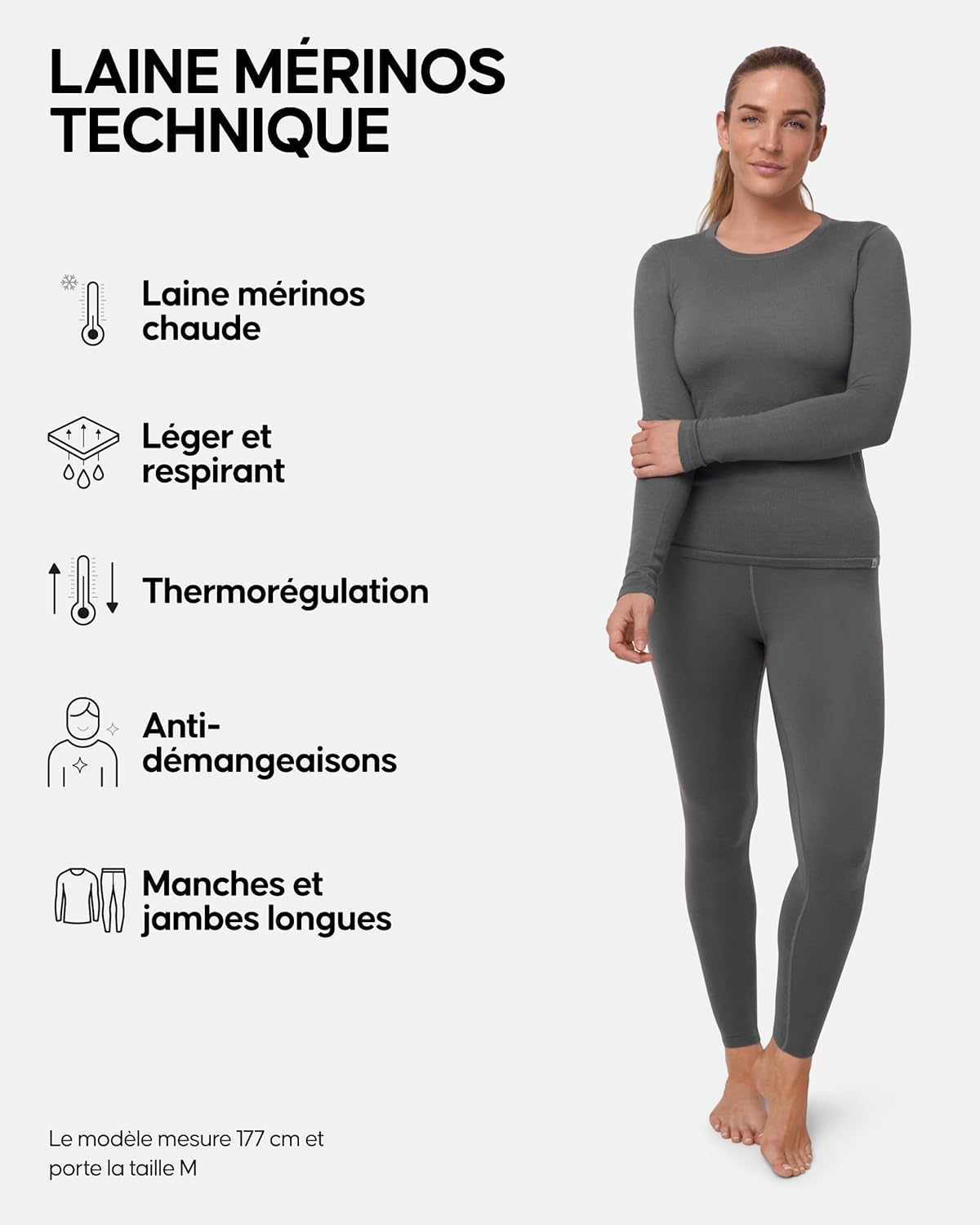 Sous-Vêtements Thermiques en Laine Mérinos Chaudes pour Femmes, Ensemble de Couches de Base (Haut & Bas) Vêtements Thermique pour Femmes L Gris