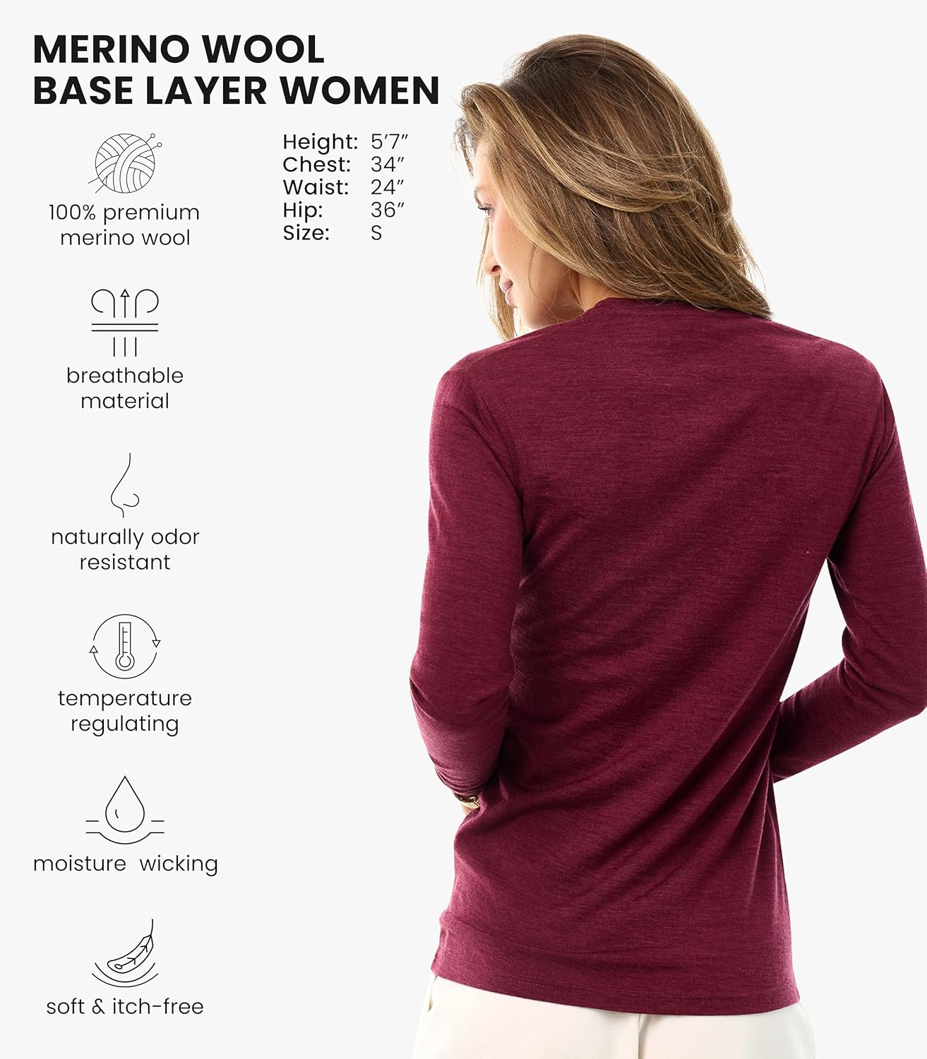Merino.tech sous Vetement Laine Merinos Femme - 100% Merinos Haut Thermique Femme pour la Sport et Randonnée 190 Burgundy S