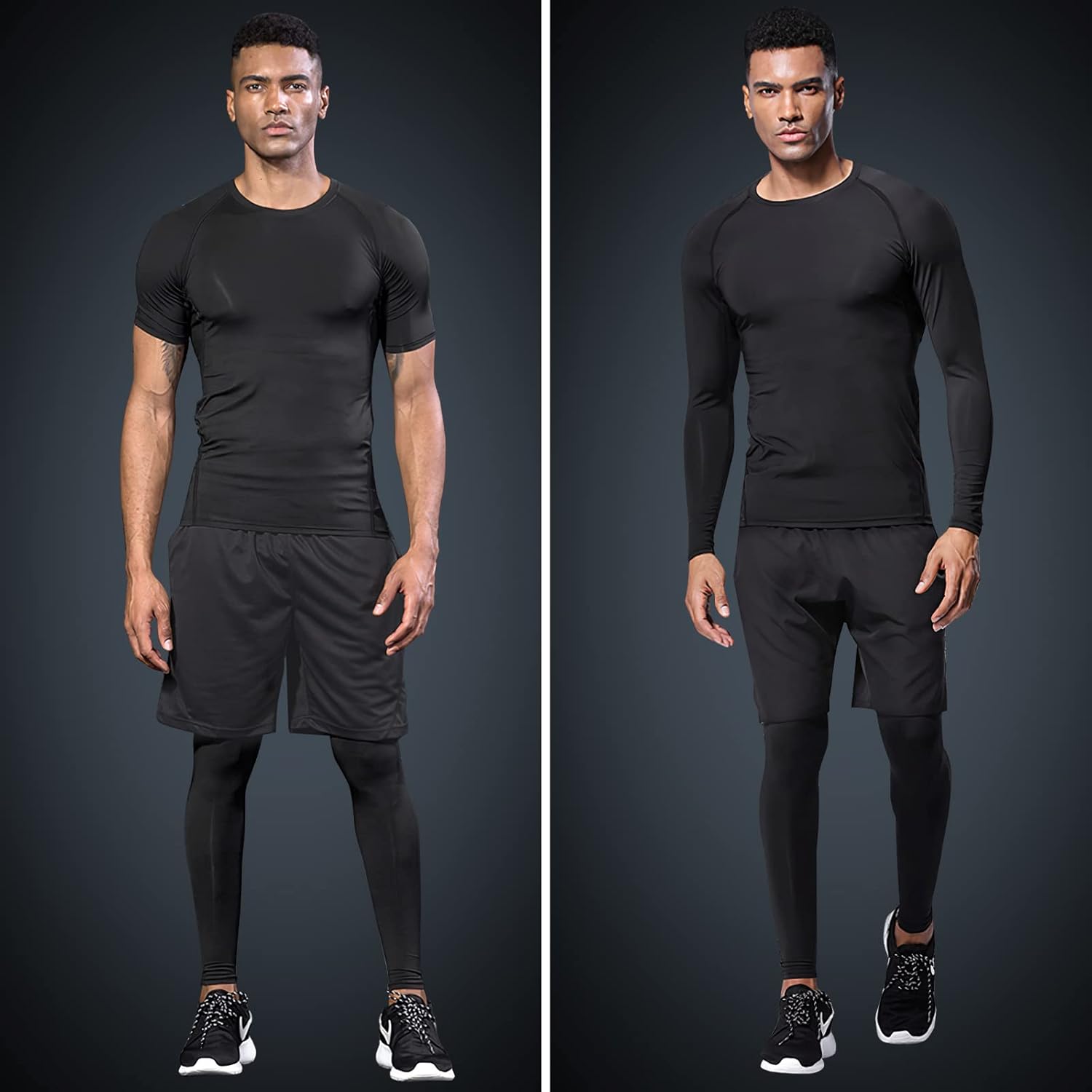 JULY'S SONG Ensemble d'entraînement de compression pour homme, 5 pièces, séchage rapide, chemise, pantalon, short, veste, vêtements pour salle de sport XL Noir/T-shirt