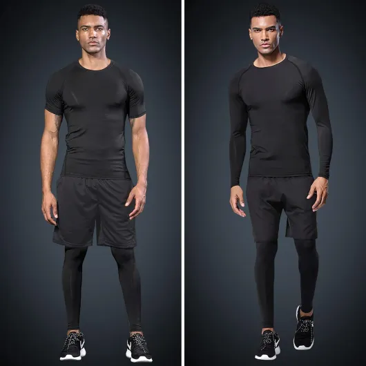 JULY'S SONG Ensemble d'entraînement de compression pour homme, 5 pièces, séchage rapide, chemise, pantalon, short, veste, vêtements pour salle de sport XL Noir/T-shirt