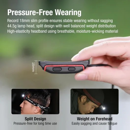 HM5 800 lumens Lampe frontale de trail ultra fine et légère avec lumière rouge, double interrupteur, 105 heures, LED étanche IPX6 pour la course, le camping, la randonnée, la chasse