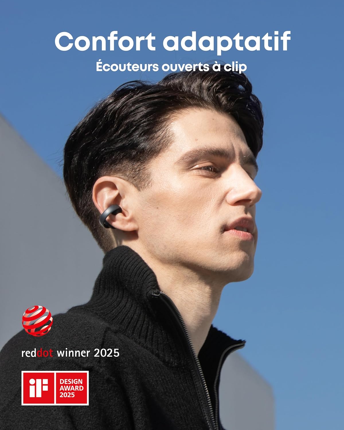 AeroClip by Anker, écouteurs Oreilles Libres à Clip, Confort adaptatif, appels clairs avec 4 micros et IA, Stables, Haut-parleurs de 12 mm, Design en Anneau Ouvert Noir