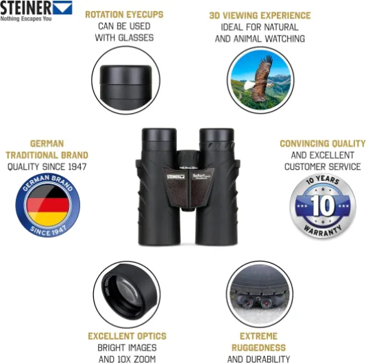 Jumelles Safari UltraSharp 10x42 - Optique de qualité Allemande, Lumineuse, à Contraste élevé, Robuste, idéale pour Les Voyages, la randonnée, Le Sport et l'observation de la Nature